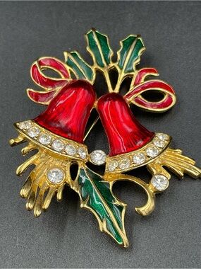 Signed SFJ Enamel Christmas Bells Holly Rhinestones Brooch